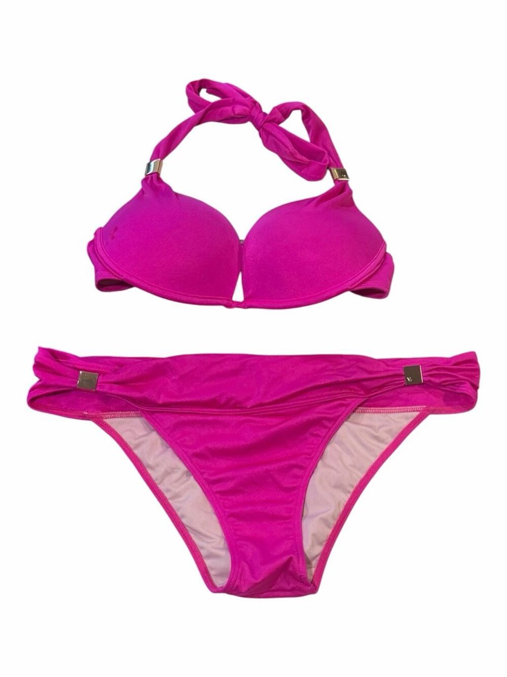 VICTORIA’S SECRET Push-Up Halter Bikini Set Hot Pink Metallic 32D Large